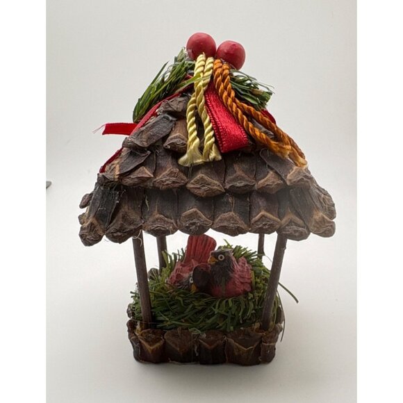 Rustic Birdhouse Christmas Tree Ornament with Cardinal Birds Pine Cone Roof - Picture 6 of 6